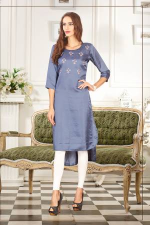 Elegant Looking Readymade Straight Kurti Is Here In Steel Blue Color Fabricated On Soft Satin Silk Beautified With Thread Work. You Can Pair This Up Same Or Contrasting Colored Leggings Or Pants. 