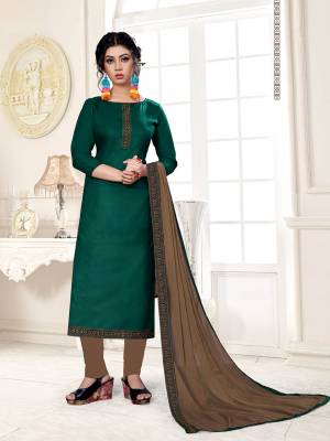 Enhance Your Personality Wearing This Designer Straight Suit In Pine Green Color Paired With Contrasting Brown Colored Bottom and Dupatta. This Dress Material Is Cotton Based Paired With Chiffon Fabricated Dupatta. Buy This Dress Material Now.