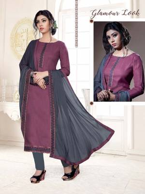 Lovely Color Pallete Is Here With This Dress Material In Light Purple Color Paired With Contrasting Grey Colored Bottom And Dupatta. This Dress Material Is Cotton Bottom Paired With Chiffon Fabricated Dupatta, Get This Stitched As Per Your Desired Fit And Comfort. 