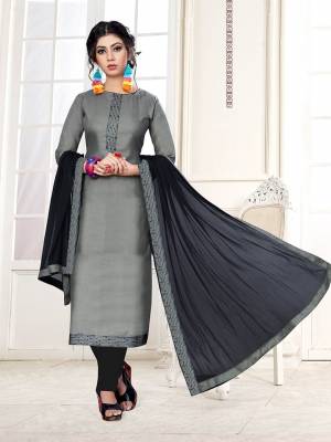 Rich And Elegant Looking Dress Material Is Here In Grey Color Paired With Contrasting Black Colored Bottom And Dupatta. Its Top Is Fabricated on Cotton Slub Paired With Cotton Bottom And Chiffon Fabricated Dupatta. 