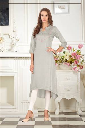 Elegant Looking Readymade Straight Kurti Is Here In Light Grey  Color Fabricated On Soft Satin Silk Beautified With Thread Work. You Can Pair This Up Same Or Contrasting Colored Leggings Or Pants. 
