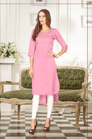 Elegant Looking Readymade Straight Kurti Is Here In Light Pink Color Fabricated On Soft Satin Silk Beautified With Thread Work. You Can Pair This Up Same Or Contrasting Colored Leggings Or Pants. 