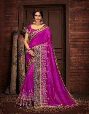 Brighten up your festivities in this vibrant purple saree with delicate zari embroidery . Drape in a half falling pallu style tp enhance the beauty of the saree. 