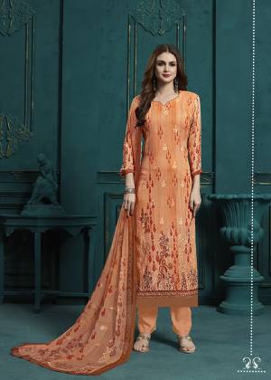 Celebrate This Festive Season With Beauty And Comfort Wearing This Designer Digital Printed Straight Cut Suit In All Over Orange Color. Its Top and Dupatta are Georgette Based Beautified With Resham Work Paired With Santoon Fabricated Bottom. Buy This Semi-Stitched Suit Now.