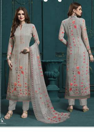 Flaunt Your Rich And Elegant Taste In This Grey Colored Designer Straight Suit. This Semi-Stitched Suit Is Georgette Paired With Santoon Bottom. It Is Beautified With Digital Prints And Resham Embroidery. 