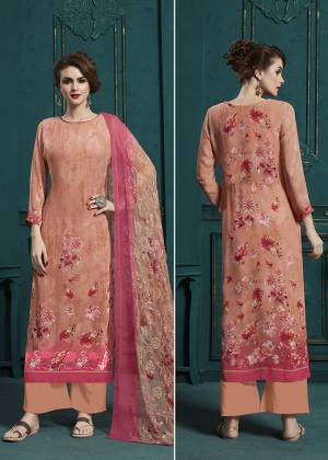 A Must Have Shade In Every Womens Wardrobe Is Here With This Designer Straight Suit In Dark Pink Color Paired With Dark Peach And Pink Colored Dupatta. Its Digital Printed Top And Dupatta Are Georgette Based Beautified With Resham Embroidery. Buy Now.