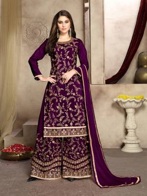 Grab This Attractive Looking Heavy Embroidered Plazzo Suit In Purple Color. Its Embroidered Top Is Fabricated On Soft Silk Paired With Georgette Bottom And Net Fabricated Dupatta. Its Top And Bottom Are Beautified With Heavy Jari Embroidery And Stone Work. 