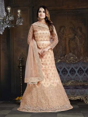Here Is A Very Designer Lehenga Choli To Add Into Your Wardrobe For The Upcoming Wedding Season In Light Peach. Its Pretty Blouse And Lehenga Are Fabricated On Net With Satin Inner Paired With Net Fabricated Dupatta. Its Pretty Color And Heavy Embroidery Will Definitely Earn You Lots Of Compliments From Onlookers. 