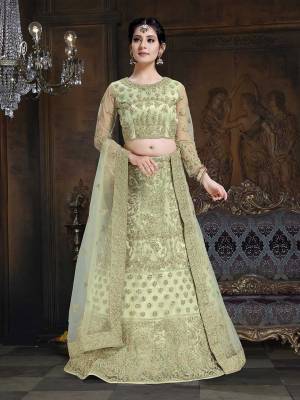 Here Is A Very Designer Lehenga Choli To Add Into Your Wardrobe For The Upcoming Wedding Season In Pastel Green. Its Pretty Blouse And Lehenga Are Fabricated On Net With Satin Inner Paired With Net Fabricated Dupatta. Its Pretty Color And Heavy Embroidery Will Definitely Earn You Lots Of Compliments From Onlookers. 