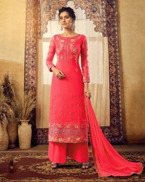 Bright And Visually Appealing Shade Is Here With This Heavy Designer Straight Cut Suit In All Over Dark Pink Color. Its Top Is Fabricated On Georgette Beautified With Heavy Embroidery Paired With Santoon Bottom And Chiffon Fabricated Dupatta. 