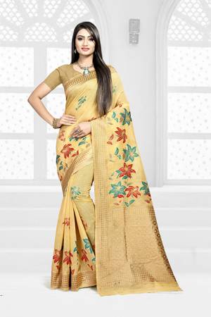 Grab This Pretty Floral Saree In Yellow Color Paired With Light Brown Colored Blouse. This Saree Is Fabricated On Weaving Silk Paired With Art Silk Fabricated Blouse. This Pretty Saree Is Light Weight, Durable And Easy To Care For. 