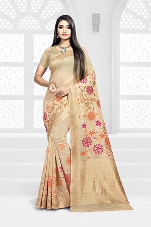 Grab This Pretty Floral Saree In Cream Color Paired With Cream Colored Blouse. This Saree Is Fabricated On Weaving Silk Paired With Art Silk Fabricated Blouse. This Pretty Saree Is Light Weight, Durable And Easy To Care For. 