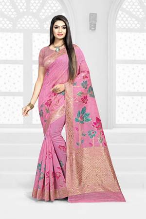 Grab This Pretty Floral Saree In Pink Color Paired With Pink Colored Blouse. This Saree Is Fabricated On Weaving Silk Paired With Art Silk Fabricated Blouse. This Pretty Saree Is Light Weight, Durable And Easy To Care For. 