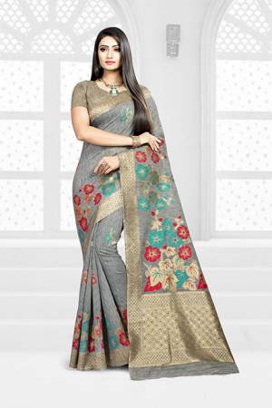 Look Pretty In This Designer Silk Based Grey Colored Floral Saree Paired With Grey Colored Blouse. This Saree Is Fabricated On Weaving Silk Paired With Art Silk Fabricated Blouse. Buy This Saree Now.