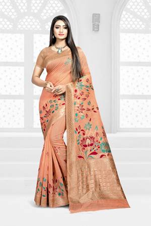 Grab This Pretty Floral Saree In Orange Color Paired With Orange Colored Blouse. This Saree Is Fabricated On Weaving Silk Paired With Art Silk Fabricated Blouse. This Pretty Saree Is Light Weight, Durable And Easy To Care For. 