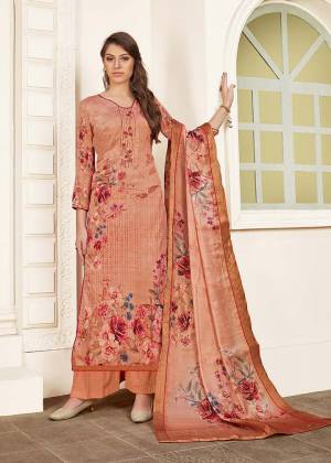 Look Pretty In This Very Beautiful Designer Straight Suit In Peach Color Paired With Peach Colored Bottom And Dupatta. Its Top Is Fabricated Modal Satin Paired With Satin Bottom And Chiffon Dupatta. It IS Beautified With Digital Prints And Thread Work. Buy Now.