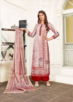 Flaunt Your Rich And Elegant Taste In This Designer Straight Suit In Baby Pink Colored Top And Dupatta Paired With Red Colored Bottom. Its Top Is Fabricated On Modal Satin Paired With Satin Bottom And Chiffon Fabricated Dupatta. It Is Beautified With Digital Prints And Thread Work. 