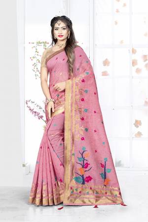 Here Is A Very Pretty Silk Based Saree In Pink Color. This Saree Is Fabricated On Weaving Silk Paired With Art Silk Fabricated Blouse. It Is Light In Weight And Easy To Carry All Day Long. 