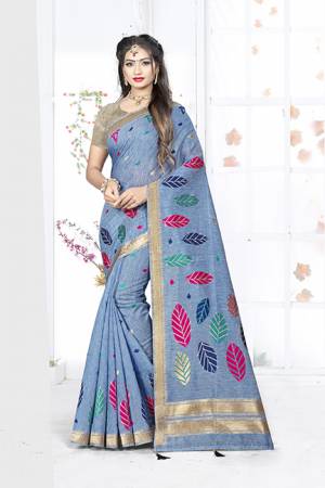 Here Is A Very Pretty Silk Based Saree In Blue Color. This Saree Is Fabricated On Weaving Silk Paired With Art Silk Fabricated Blouse. It Is Light In Weight And Easy To Carry All Day Long. 