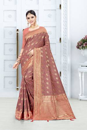 Look Pretty In This Designer Silk Based Dark Peach Colored Floral Saree?Paired With Dark Peach Colored Blouse. This Saree Is Fabricated On Weaving Silk Paired With Art Silk Fabricated Blouse. Buy This Saree Now