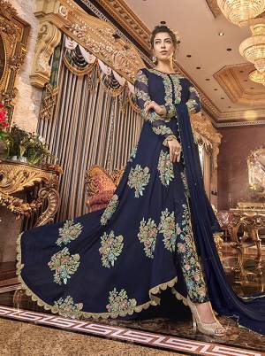 You Will Definitely Earn Lots Of Compliments Wearing This Designer Indo-Western Suit In Navy Blue Color. This Beautiful embroidered Floor Length Top With Front Silk Is Fabricated On Satin Silk Paired With Art Silk Fabricated Embroidered Bottom And Chiffon Fabricated Dupatta. 