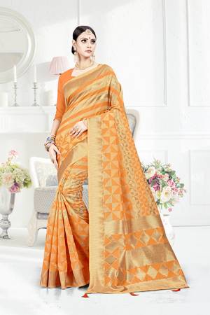 Grab This Pretty Geometric Patterned Saree In Orange Color Paired With Orange Colored Blouse. This Saree Is Fabricated On Weaving Silk Paired With Art Silk Fabricated Blouse. This Pretty Saree Is Light Weight, Durable And Easy To Care For.