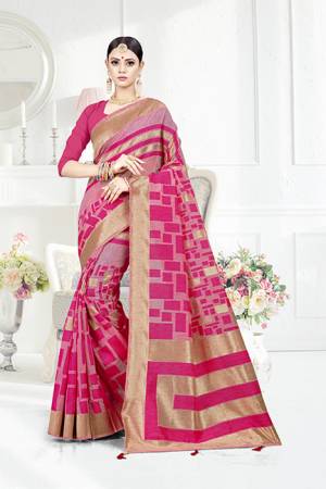 Grab This Pretty Geometric Patterned Saree In Pink Color Paired With Pink Colored Blouse. This Saree Is Fabricated On Weaving Silk Paired With Art Silk Fabricated Blouse. This Pretty Saree Is Light Weight, Durable And Easy To Care For.