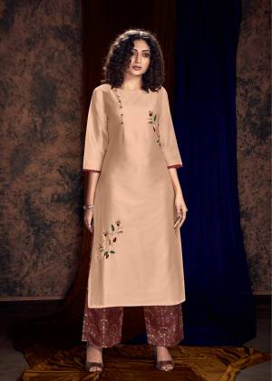 Look Pretty In This Designer Readymade Kurti In Peach Color Paired With Contrasting Brown Colored Plazzo. Its Top IS Fabricated On Art Silk Paired With Satin Cotton Fabricated Plazzo. It Is Light Weight And Easy To Carry All Day Long. 
