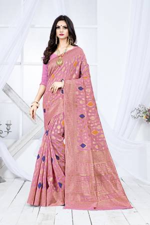 Shine Bright In This Designer Silk Based Saree In Pink Color Paired With Pink Colored Blouse. This Saree Is Fabricated On Weaving Silk Paired With Art Silk Fabricated Blouse. It Has Rich Fabric Beautified With Detailed Weave All Over. Buy Now.