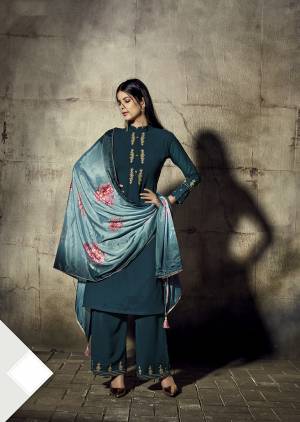New Shade Is Here To Add Into Your Wardrobe With This Designer Straight Cut Readymade Suit In Teal Blue Color Paired With Light Blue Colored Dupatta. Its Top And Bottom Are Georgette Based Paired With Chinon Fabricated Dupatta. Buy Now.