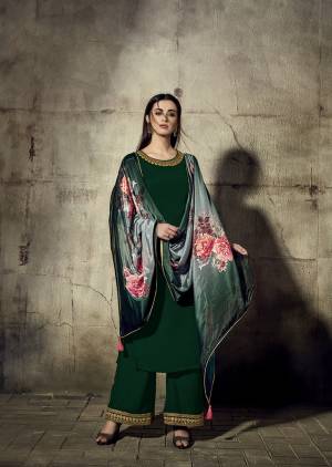 Celebrate This Festive Season Wearing This Designer Readymade Straight Suit In Dark Green Color Paired With Grey And Green Colored Dupatta. Its Top And Bottom Are Georgette Based Paired With Chinon Fabricated Dupatta. Buy Now.