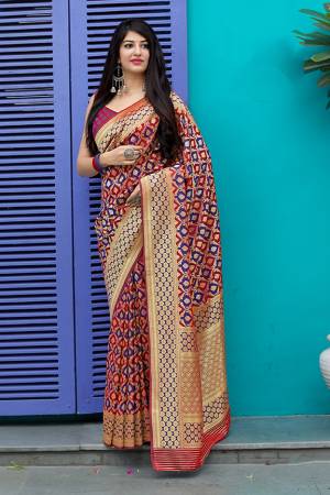 Here Is A Very Beautiful And Attractive Looking Designer Saree. This Pretty Saree And Blouse Are Silk Based Beautified With Weave All over. Buy Now.