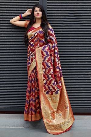 Here Is A Very Beautiful And Attractive Looking Designer Saree. This Pretty Saree And Blouse Are Silk Based Beautified With Weave All over. Buy Now.