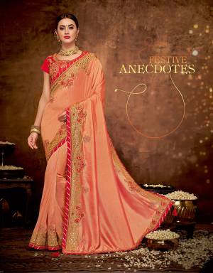 Dive into this festive anecdote and narrate a vivid tale of culture and colors in this beautiful Orange saree with zari details and look charming. 