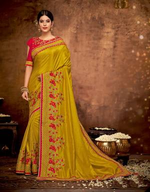 This glorious golden yellow saree is a wonderful pick for all the traditional events. The fresh floral details of the saree makes is a perfect pick for day events. 