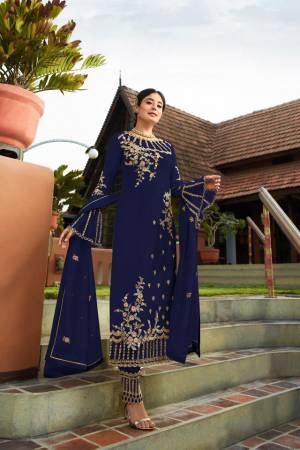Grab This Very Beautiful Heavy Designer Straight Cut Suit In Navy Blue Color. Its Pretty Embroidered Top And Dupatta Are Fabricated On Georgette Paired With Embroidered Santoon Fabricated Bottom. Buy This Lovely Suit Now.