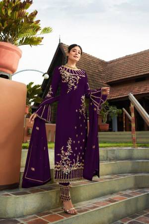 Grab This Very Beautiful Heavy Designer Straight Cut Suit In Purple Color. Its Pretty Embroidered Top And Dupatta Are Fabricated On Georgette Paired With Embroidered Santoon Fabricated Bottom. Buy This Lovely Suit Now.