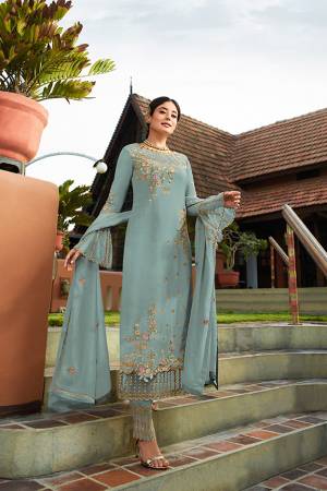 Grab This Very Beautiful Heavy Designer Straight Cut Suit In Sky Blue Color. Its Pretty Embroidered Top And Dupatta Are Fabricated On Georgette Paired With Embroidered Santoon Fabricated Bottom. Buy This Lovely Suit Now.