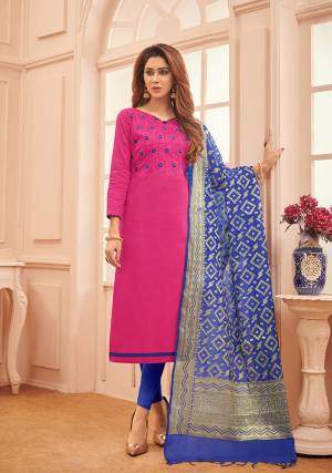 Shine Bright Wearing This Designer Straight Suit In Dark Pink Color Paired With Royal Blue Colored Bottom And Dupatta. This Dress Material Is Cotton Based Paired With Banarasi Silk Fabricated Dupatta. Buy This Pretty Suit Now.