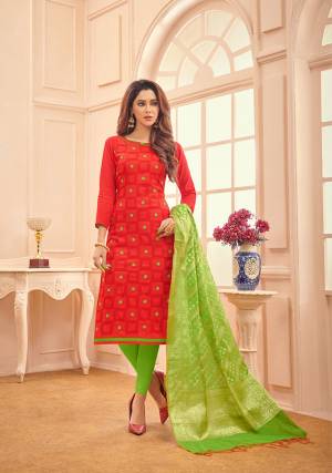 Shine Bright Wearing This Designer Straight Suit In Red Color Paired With Parrot Green Colored Bottom And Dupatta. This Dress Material Is Cotton Based Paired With Banarasi Silk Fabricated Dupatta. Buy This Pretty Suit Now.