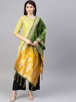Enhance Your Look of gown and lehenga choli Or A Simple Kurti With Latest Trends Of Banarasi Dupatta Beautified With Attractive Weave All Over. You Can Pair This Up With Any Kind Of Ethnic Attire And In Same Or Contrasting Colored Attire.?