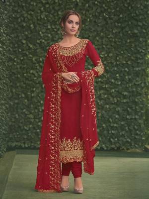 Shine Bright In This Heavy Designer Straight Cut Suit In Red Color. This Pretty Heavy Embroidered Top And Dupatta Are Fabricated on Georgette Paired With Santoon Bottom Fabricated Bottom. Buy This Suit Now.