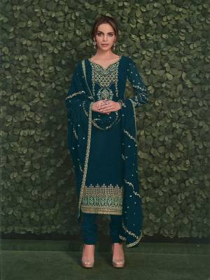 Catch All The Limelight At The Next Wedding You Attend Wearing This Heavy Designer Straight Cut Suit In All over Teal Blue Color. This Pretty Heavy Embroidered Top Is Fabricated On Georgette Paired With Santoon Bottom And Georgette Fabricated Heavy Embroidered Dupatta.