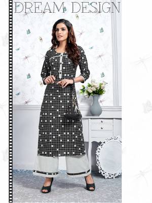 For Your Semi-Casuals, Grab This Designer Kurti And Plazzo In Black And Grey Color Respectively. This Readymade Pair Is Cotton Based Beautified With Prints. It Is Available In All Regular Sizes. Buy Now.