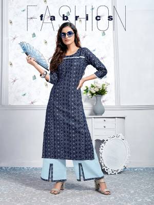 Enhance Your Personality Wearing This Readymade Pair Of Kurti And Plazzo In Navy Blue And Light Blue Color. This Kurti And Plazzo Are Fabricated On Cotton Beautified With Prints. Buy Now.