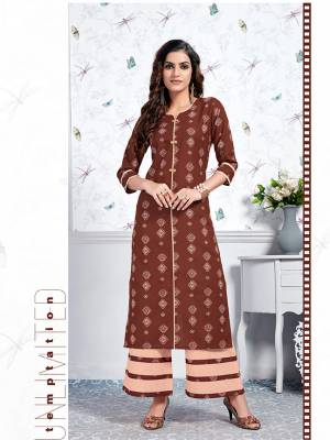 This Festive Season, Celebrate With Beauty And Comfort Wearing This Designer Pair Of Kurti And Plazzo In Brown And Peach Color. This Readymade Pair Is Fabricated On Cotton Which Ensures Superb Comfort All Day Long. 