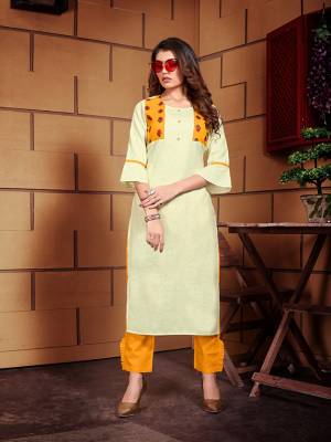 Add This Pretty Readymade Kurti To Your Wardrobe Fabricated On Linen Paired With Cotton Slub Fabricated Bottom. This Pretty Pair Is In Shades Of Yellow. Buy Now.