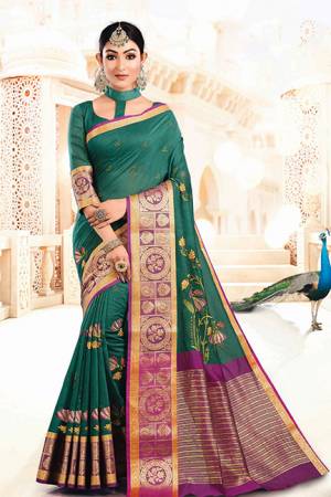 For A Proper Traditional Look, Grab This Designer Saree In Teal Green Color Paired With Teal Green Colored Blouse. This Saree And Blouse Are Silk Based Which Gives A Rich Look To Your Personality