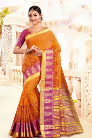 For A Proper Traditional Look, Grab This Designer Saree In Orange Color Paired With Contrasting Dark Pink Colored Blouse. This Saree And Blouse Are Silk Based Which Gives A Rich Look To Your Personality