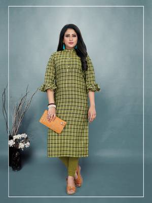 For Your Casual Or Semi-Casual Wear, Grab This Readymade Kurti In Green Color Fabricated On Cotton. It Is Beautified With Checks Prints All Over With An Attractive Frill Pattern Sleeve. Pair This Up Same Or Black Colored Leggings, Plazzo Or Pants. Buy Now.